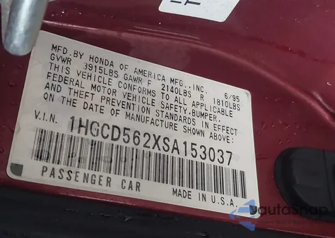 1995 Honda Accord Dx z USA, uszkodzony, nr VIN 1HGCD562XSA153037